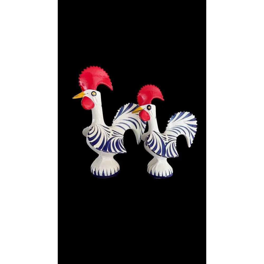 2 Roosters Of Barcelos Trust & Good Luck Figurines Hand Painted Portugal *FLAW*